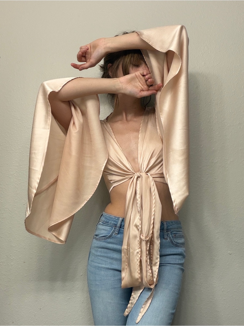 Satin Tie-Front Crop Top in Blush